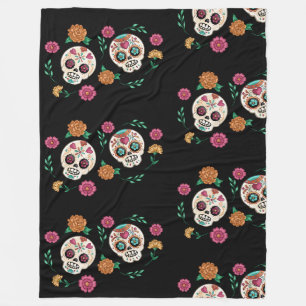 Tag der toten Zuckerschädel und Blume Schwarz Fleecedecke