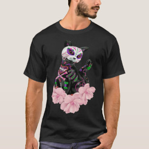 Tag des toten Zuckerschädels Katzenkatze Pink Blum T-Shirt