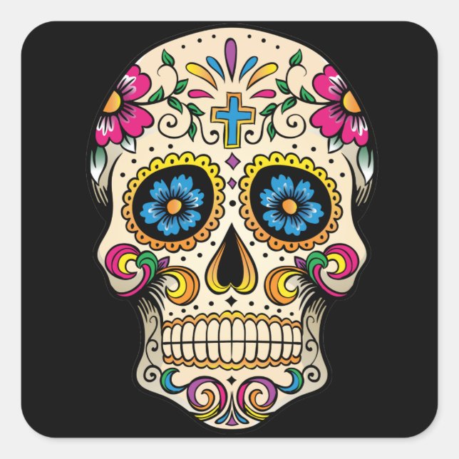 Tag des Toten Zuckerschädels mit Kreuzsticker Quadratischer Aufkleber (Vorderseite)