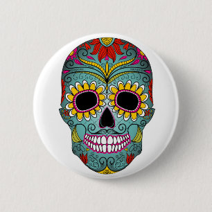 Tag-von-d-tot-bunt-Schädel-mit-mit Blumen-ornamen Button