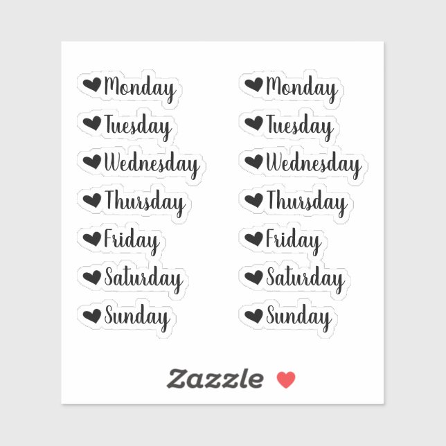 Tage der Woche - Schwarze Herzplaner Sticker (Blatt)