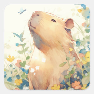 Tagesträumendes Capybara auf der Wiese Quadratischer Aufkleber