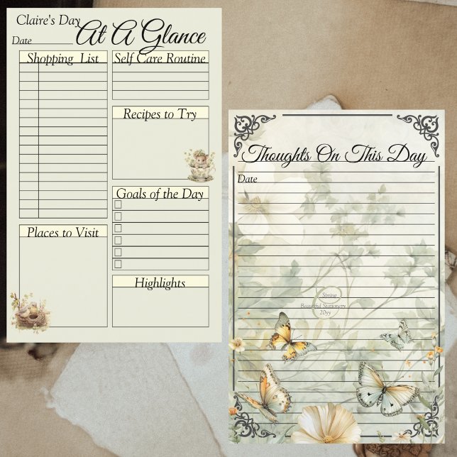 Tägliche Binder-Seite für Kernvögel und Schmetterl (Cottagecore Bird and Butterflies Daily Binder Interior Page Front and Back)