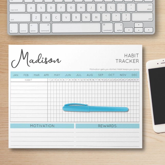 Täglicher Habit Tracker Motivierend Blue Script Na Notizblock (Daily Habit Tracker Motivational Blue Script Name Notepad)