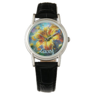 Taglilie Taglilien Blume Gelb Aquamarin Personalis Armbanduhr