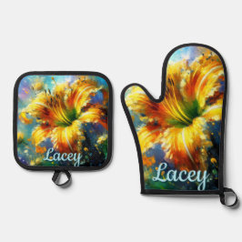 Taglilie Taglilien Blume Gelb Aquamarin Personalis Ofenhandschuh & Topflappen-Set
