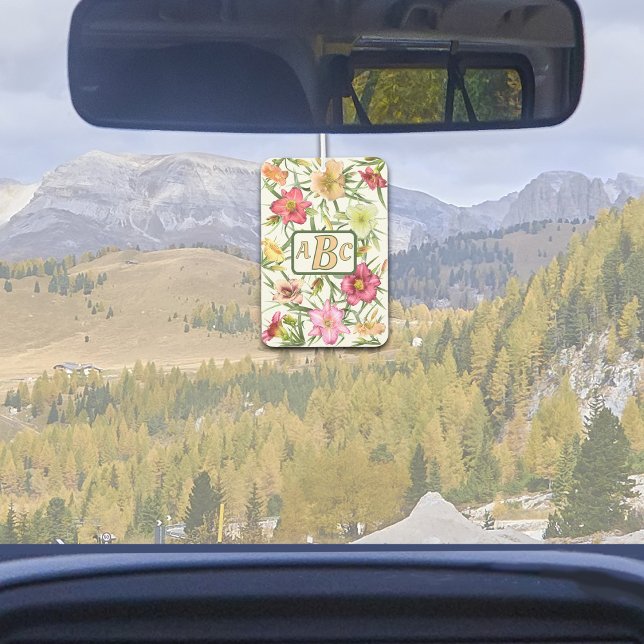 Taglilien Botanisches Blumenmuster Personalisiert Autolufterfrischer (Daylilies Botanical Floral Pattern Customizeable Monogram or Initials Air Freshener for Car or Home)