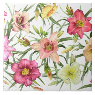 Taglilien überall Florales Botanisches Kunstdesign Fliese