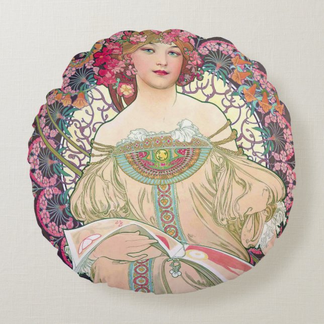Tagtraum (Frühling), Alphonse Mucha Throw Kissen (Vorderseite)