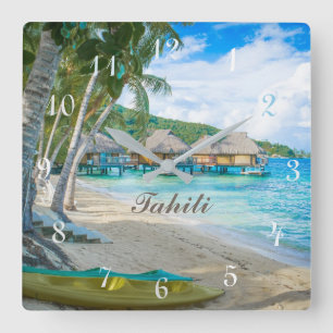 TAHITI CLOCK.  BEAUTIFUL TAHITI PARADISE BEACH on Quadratische Wanduhr