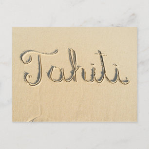 Tahiti geschnitztes Schild im Sandstrand Postkarte