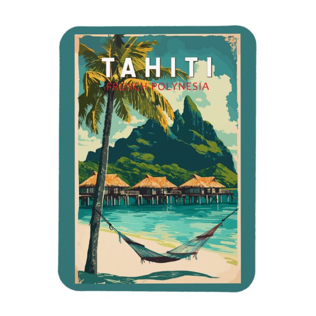 Tahiti Illustration Travel Art Vintag Magnet (Vertikal)