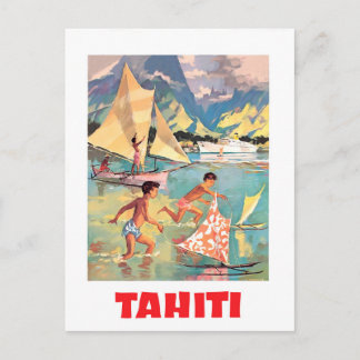 Tahiti, Kinder spielen mit Bootsspielzeug im Wasse Postkarte