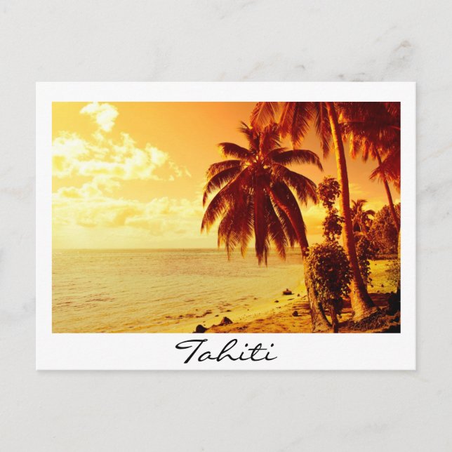 Tahiti Sonnenuntergang, weißer Text Postkarte (Vorderseite)