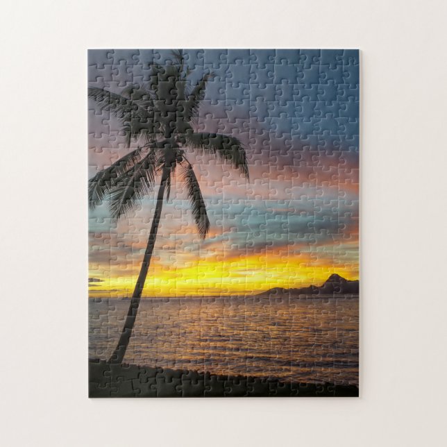 Tahiti Sunset Tropical Palm Tree Travel Foto Puzzle (Vertikal)