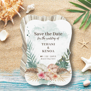 Tahiti   Tropische Aquarell-Palmblätter und Blumen Save The Date