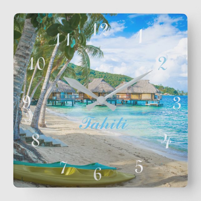 TAHITI-UHR.  SCHÖNER TAHITI-PARADIES-STRAND QUADRATISCHE WANDUHR (Vorderseite)