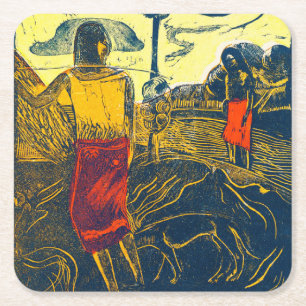 Tahitianische Frauen und Hund, Gauguin Rechteckiger Pappuntersetzer