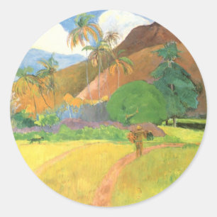 Tahitianische Landschaft, Berge Tahiti, Paul Gaugu Runder Aufkleber