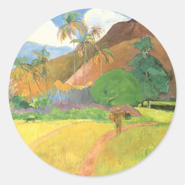 Tahitianische Landschaft, Berge Tahiti, Paul Gaugu Runder Aufkleber (Vorderseite)