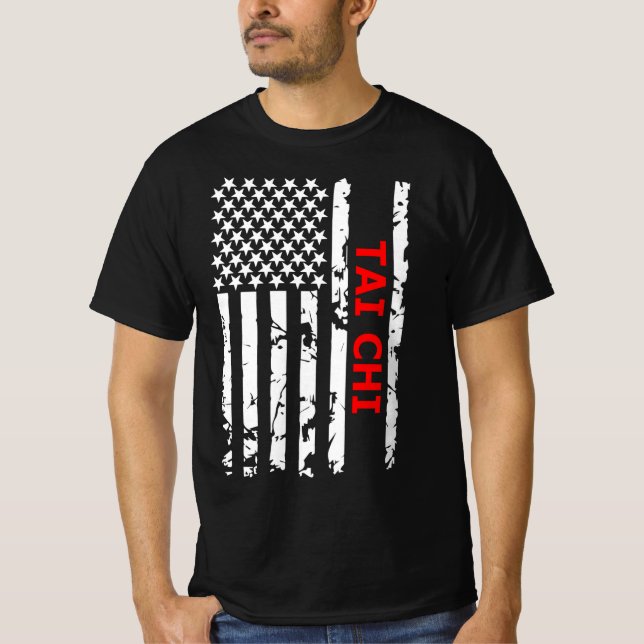 Tai Chi Cool Black and White USA Flag T-Shirt (Vorderseite)
