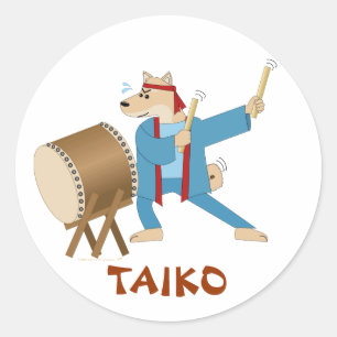 Taiko Drum Cartoon Dog Taiko Drummer Runder Aufkleber
