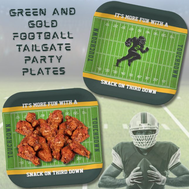 Tailgate Party Green and Gold Football Paper Plate Pappteller (Get ready for a game day touchdown for your next football watch party, tailgate, or backyard BBQ)