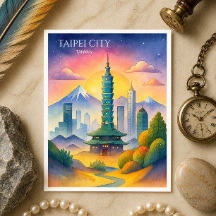 Taipei City Taiwan Skyline Watercolor Feiertagspostkarte
