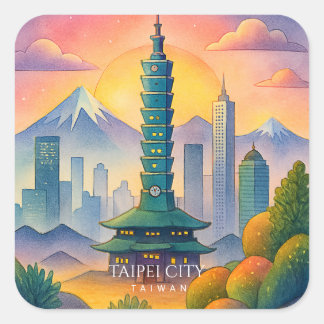 Taipei City Taiwan Skyline Watercolor Quadratischer Aufkleber