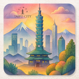 Taipei City Taiwan Skyline Watercolor Rechteckiger Pappuntersetzer