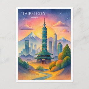 Taipei Stadt Taiwan Skyline Wasserfarbe Feiertagspostkarte
