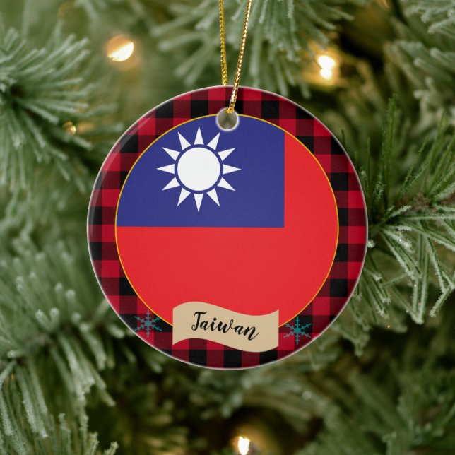 Taiwan, Roter Büffel kariert & taiwanesische Flagg Keramik Ornament (Baum)