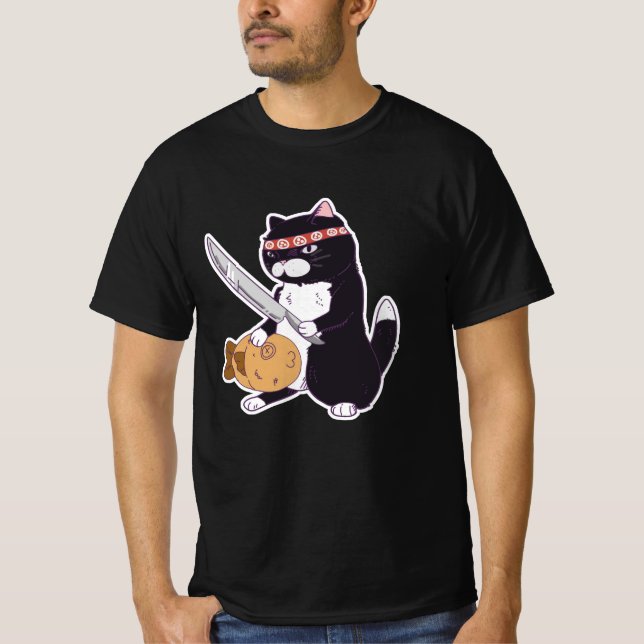 Taiyaki Samurai Katze mit Fisch, Sushi Katze T-Shirt (Vorderseite)