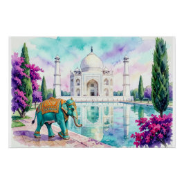 Taj Mahal & Elefant Aquarell Poster