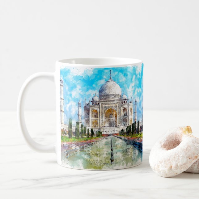Taj Mahal Marmormausoleum, Aquarellmalerei Kaffeetasse (Mit Donut)