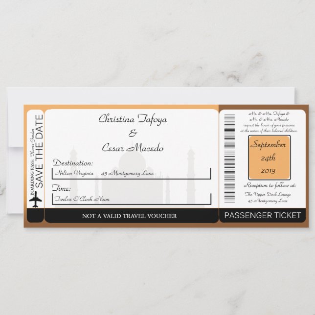 Taj Mahal Sunset Boarding Pass Hochzeit Einladung (Vorderseite)