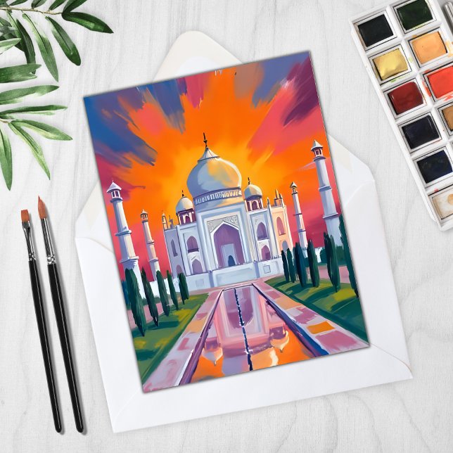 Taj Mahal Watercolor Sunset India Travel Card (Von Creator hochgeladen)