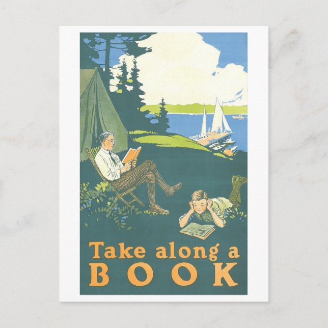 "Take Along a Book", Vintages Bibliothekspenster Postkarte (Vorderseite)