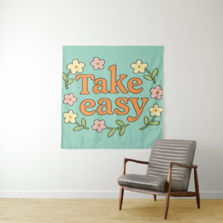 "Take Easy": Positive Retro Floral Illustration Wandteppich