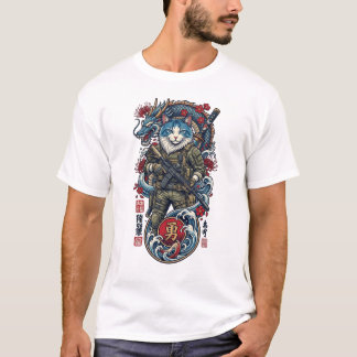 Taktischer Samurai-Katzenkrieger mit Drachen und K T-Shirt