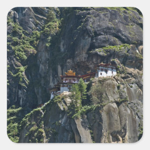 Taktsang Kloster auf der Klippe, Paro, Bhutan Quadratischer Aufkleber
