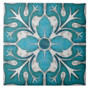 Talavera 01 Teal Blau Grau Mediterrane Floral Fliese