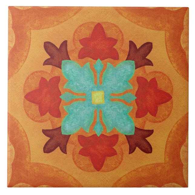 Talavera 02 Orange Red Blue Mediterranean Floral Fliese (Vorderseite)