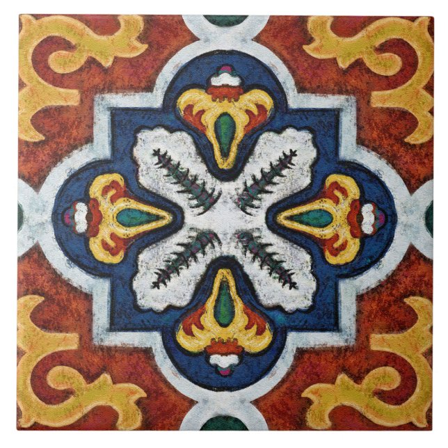 Talavera 03 Red Yellow Blue Mediterranean Geo Fliese (Vorderseite)