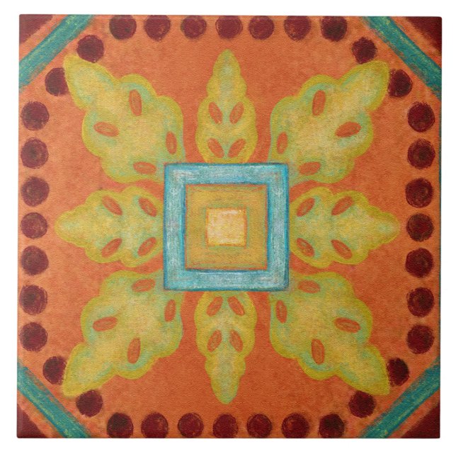 Talavera 04 Orange Gelb Blau Mediterran Geo Fliese (Vorderseite)