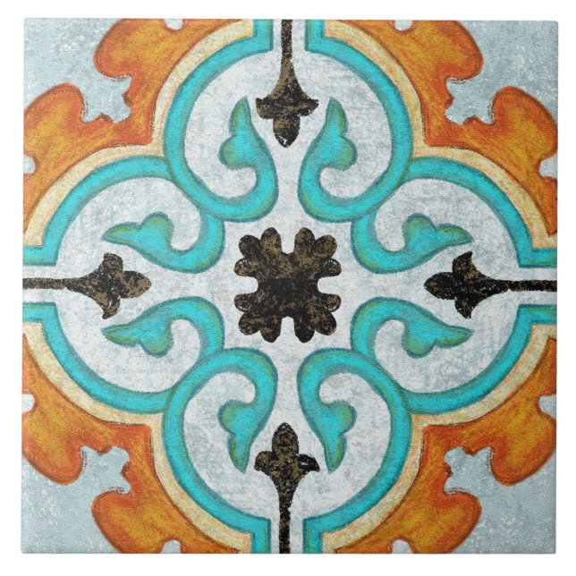 Talavera 09 Orange Grau Aqua Mittelmeer Geo Fliese (Vorderseite)