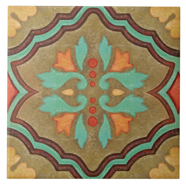 Talavera 13 Olive Green Aqua Mediterranean Floral Fliese (Vorderseite)