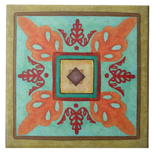 Talavera 15 Olive Aqua Orange Mittelmeer Blumenmus Fliese
