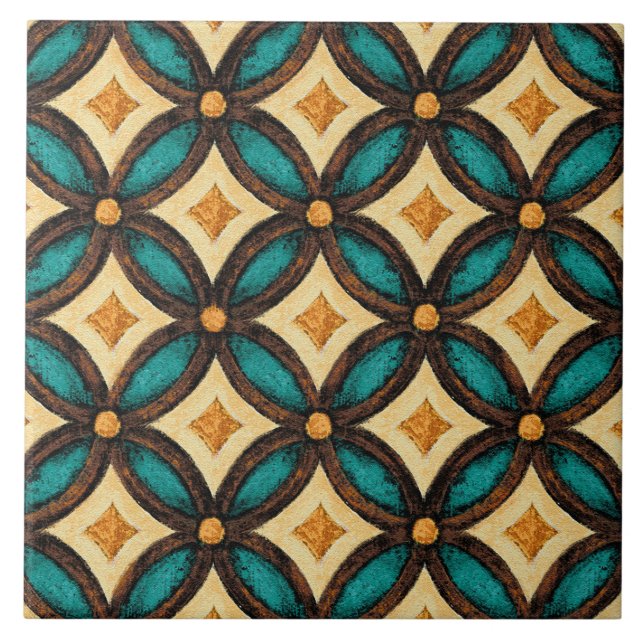 Talavera 18 Teal Brown Ivory Mediterranean Lattice Fliese (Vorderseite)