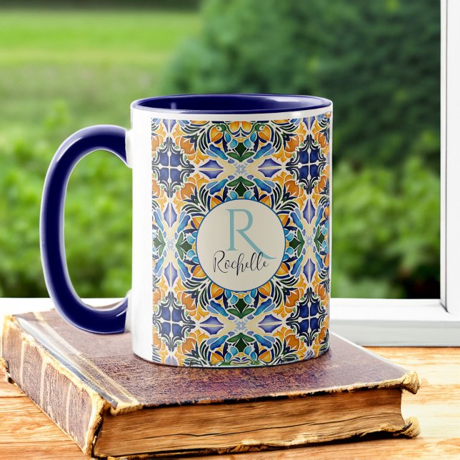 Talavera azulejo blaue Bridesmaiergeschenke Monogr Tasse (Vintage Talavera azulejo blue tiles personalized monogrammed coffee mug bridesmaids gifts for her)